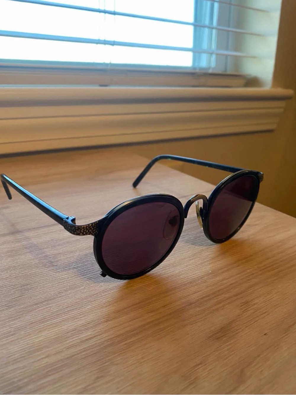 Jean Paul Gaultier Black Round Sunglasses with Dark Purple Lenses